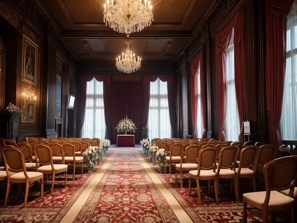 The room has many chairs with tables and flowers., Funeral, Decorated height, A place to rest in peace, Digital photography, Breathtaking composition, In the Great Hall, Heartbreaking, Recreation, walk in a Funeral procession, Catalogue photo, beautiful photo, Spectacular, beautiful photo, Comfortable and friendly, masterful art, coffin, Beautiful images, Interior photo, In the center is a photograph of the deceased., White walls and curtains