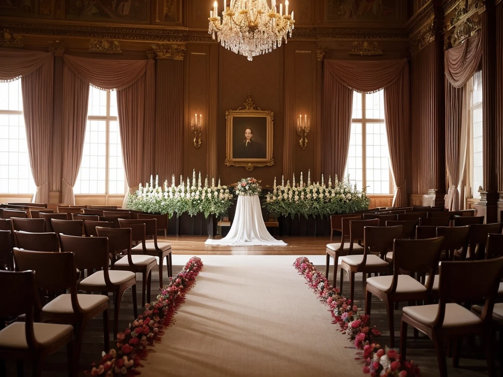 The room has many chairs with tables and flowers., Funeral, Decorated height, A place to rest in peace, Digital photography, Breathtaking composition, In the Great Hall, Heartbreaking, Recreation, walk in a Funeral procession, Catalogue photo, beautiful photo, Spectacular, beautiful photo, Comfortable and friendly, masterful art, coffin, Beautiful images, Interior photo, In the center is a photograph of the deceased., White walls and curtains