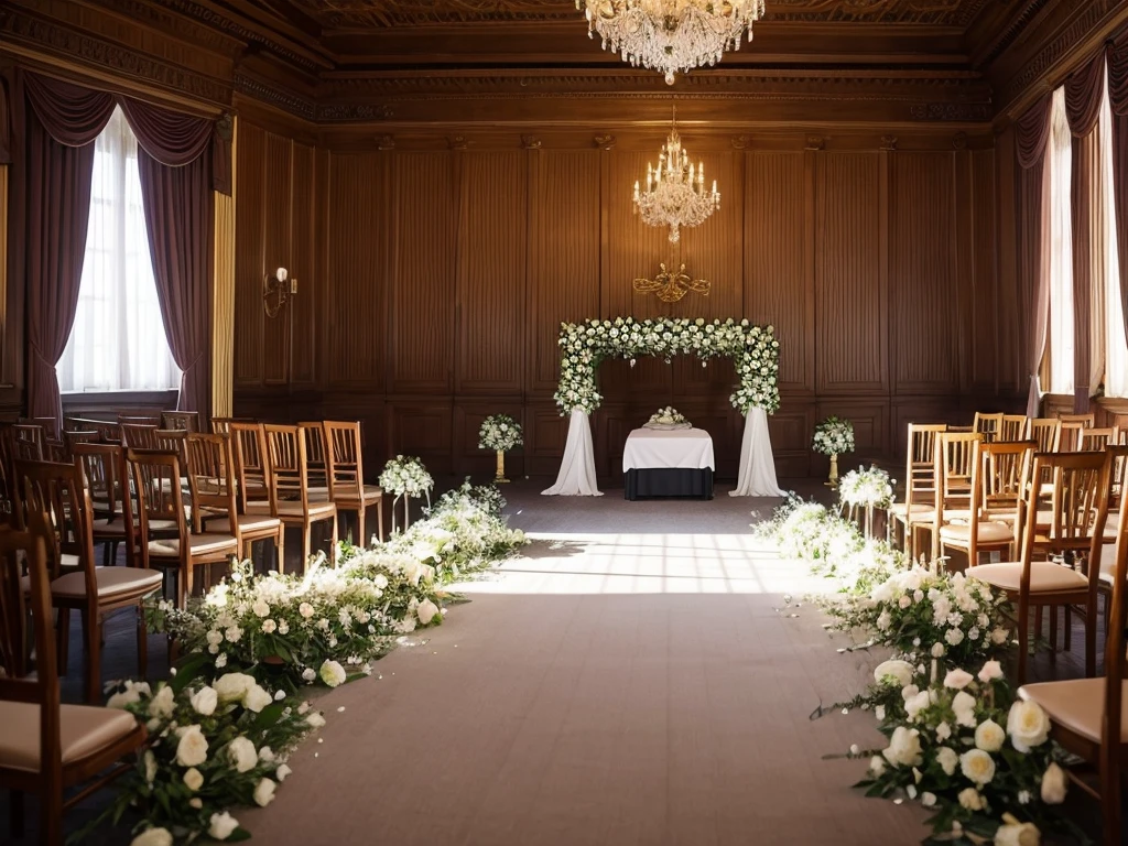 The room has many chairs with tables and flowers., Funeral, Decorated height, A place to rest in peace, Digital photography, Breathtaking composition, In the Great Hall, Heartbreaking, Recreation, walk in a Funeral procession, Catalogue photo, beautiful photo, Spectacular, beautiful photo, Comfortable and friendly, masterful art, coffin, Beautiful images, Interior photo, In the center is a photograph of the deceased., White walls and curtains