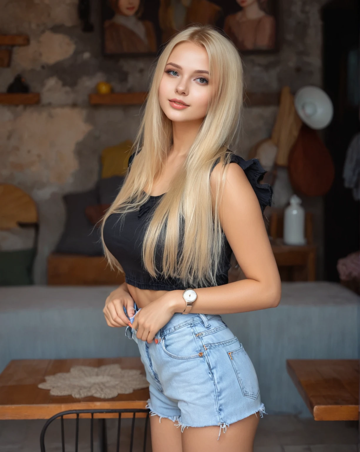 Arafed woman wearing a black top and denim shorts posing for a photo., Anna Nikonova aka Newmilky, Yelena Belova, Angelina Stroganova, Victoria Gavrilenko, anna nikonova, beautiful blonde girl, Ukrainian girl, Dasha Taran, a beautiful blonde, Anastasia Ovchinnikova, olga buzova