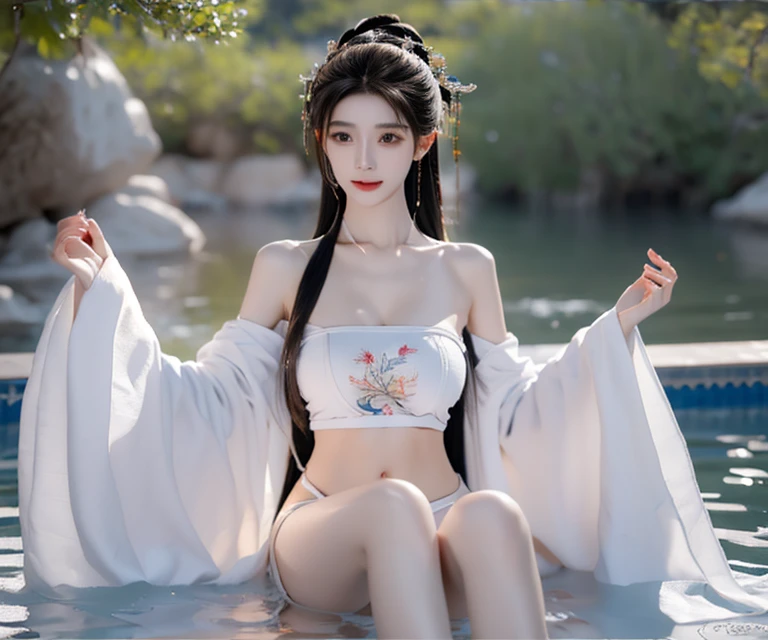 Best image quality，Very high resolution，Very detailed，Amazing Girl，Sitting in the pool，Long eyelashes，big eyes，Shining eyes，Eye bags，Full lips，Small nose，Happy expression，Sweet，Exquisite makeup，full-body shot，Snow-white skin，Slim body，Take off the shoulders，clavicle，abdomenband，abdomen，abdomen button，Slender white legs，White and tender skin，White Embroidered Mini Skirt，neckLace，Show your thighs，Lace，Sweet，Long hair flying，best quality，masterpiece，full-body shot，Face Focus，Slim body，细腰白色abdomenband，Imagine，full-body shot
Model: Hanfu, CFG size: 7, Hiring high-end talents: 1.5, Lola: Future Fashion(0.4)、neon(0.4)、Martial Arts(0.8)、Asian Face Girls-2(0.4)、Poetic fairy tale(0.01)