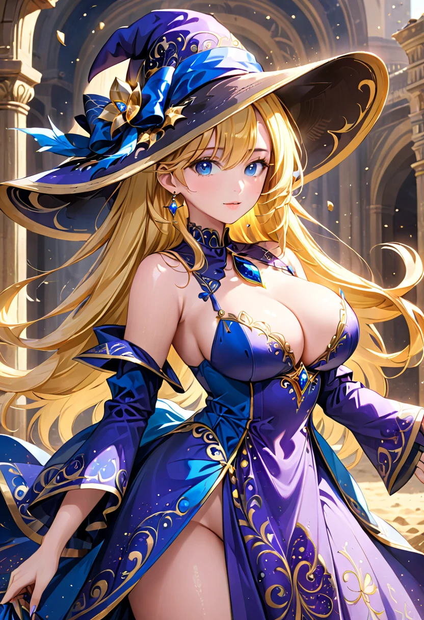 (( straight face picture )) ((best quality)),  ((Masterpiece)), (details), Young woman , yellow hair , Dirt. , blue eyes ,Blue purple set, Gold pattern, wearing a big brimmed hat , Magician , The dress is very beautiful. ,long dress ,big breasts ,Big butt