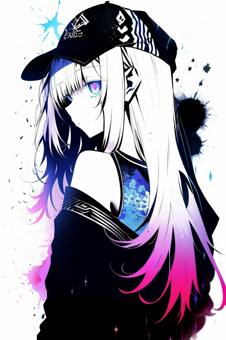 One Girl,Back Shadow Splatter,paint splatter sweatshirt,off shoulder clothing,Baseball cap,Alchemy Research Institute,Mysteries of the Uncharted Territories,Put your hands in your pockets,iris,game scene graph, Rain street background、White Hair、Long Hair、horn