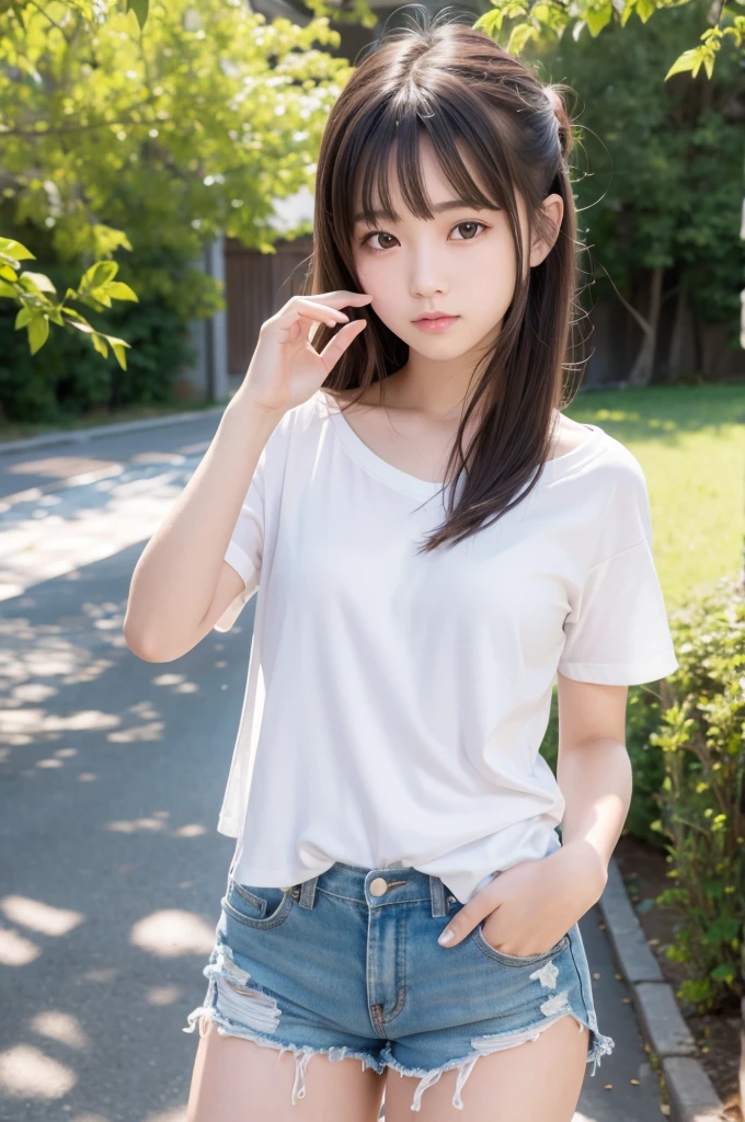 (masterpiece, Highest quality, 8K, High resolution),(Realistic skin texture, Perfect Face, Realistic, Perfect hands, Perfect finger count, Japanese, Girl), (), Big Eyes, Brown eyes, Light brown hair, bangs, Long Hair, Hair Ribbon, Small face, Bad mood, ((camisole, Low-rise shorts)), Are standing, Cute pose, Back Alley, sunny