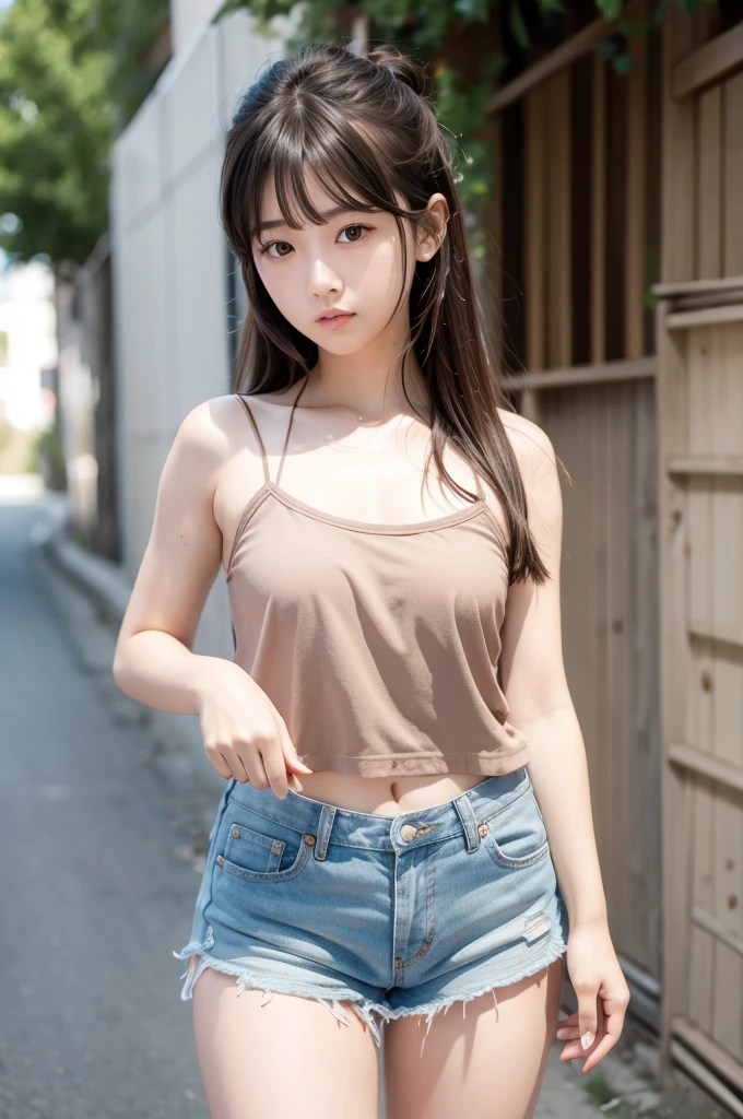 (masterpiece, Highest quality, 8K, High resolution),(Realistic skin texture, Perfect Face, Realistic, Perfect hands, Perfect finger count, Japanese, Girl), (14 years old), Big Eyes, Brown eyes, Light brown hair, bangs, Long Hair, Hair Ribbon, Small face, Bad mood, ((camisole, Low-rise shorts)), Are standing, Cute pose, Back Alley, sunny