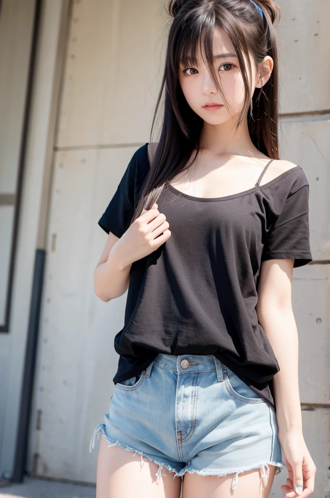 Greater definition, high sharpness. Realistic woman, clear skin, whole body, small stature, black loose top, exposed ambomen, short denim shorts, long brown hair.