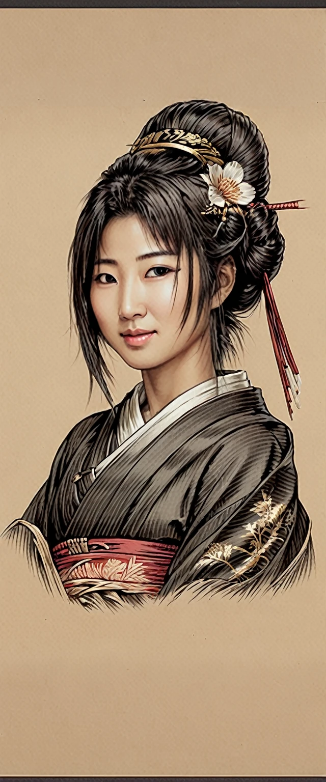 Black and brown drawing of a Japanese woman,sly smile from under forehead, on kraft paper, Karl Kopinski, fantasy, highly detailed, Vlop and Krenz Cushart, ornate detailing, Jean-Sebastian Rossbach, James Gene,ebes