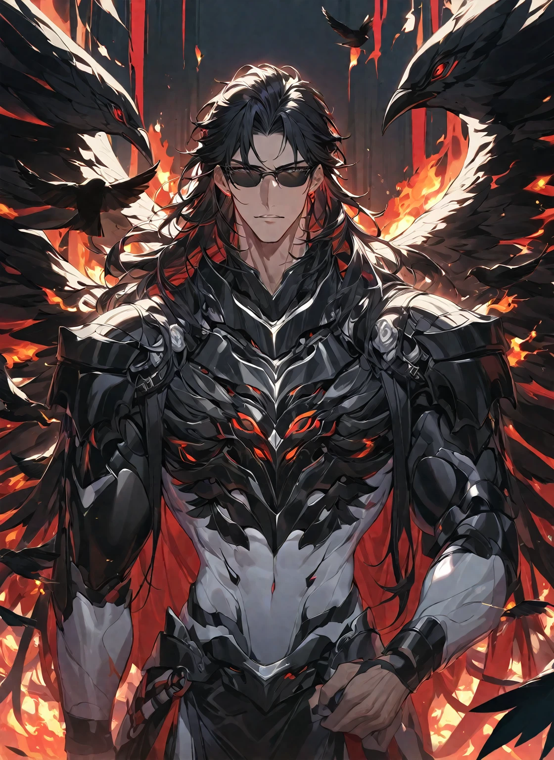 Best quality, One, handsome, 1 man, tall man, with a sporty body, V-shaped body, wide shoulders, black detailed armor with glowing white details, 10 black bird wings, long hair, Black hair covered with Fire Coals, neon white eyes, on the background Black fire with shades of red, white threads