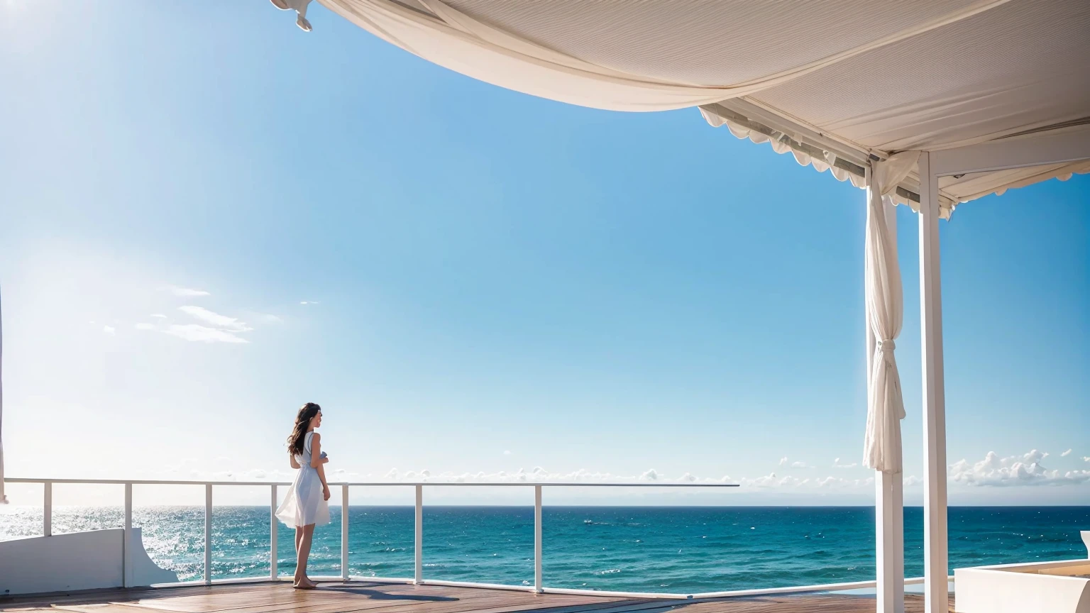 there is a woman standing on a deck Overlooking the sea, Awnings, Canopies, looking at the ocean, Next to it is the reflected ocean, Overlooking the sea, In the seaside environment, Award-winning shadows, The award-winning", Close to the sea, Award-winning masterpiece, Sea view, Looking to the horizon, looking at the ocean