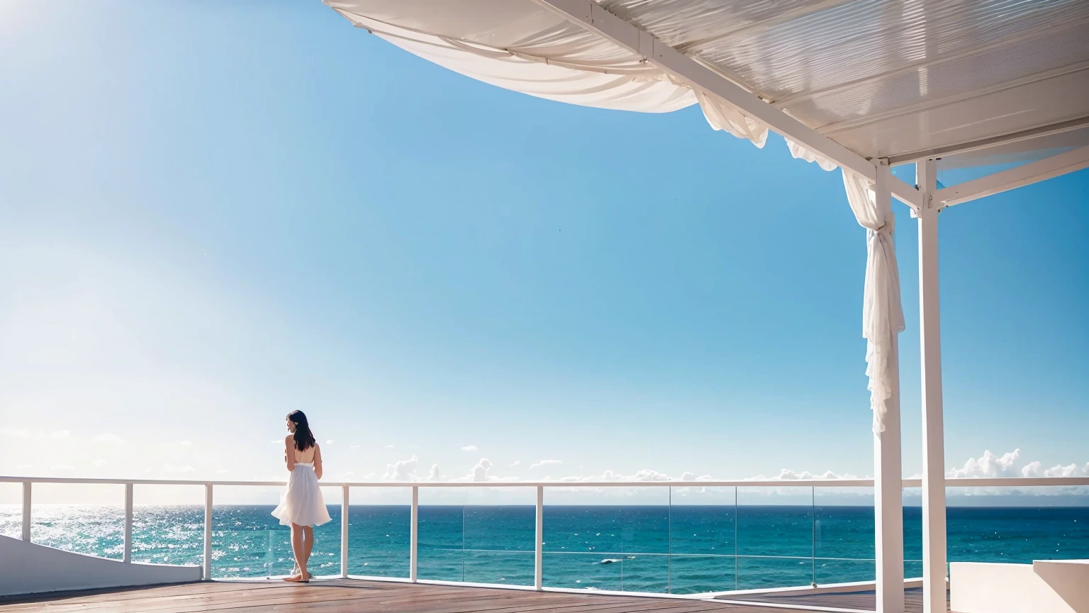 there is a woman standing on a deck Overlooking the sea, Awnings, Canopies, looking at the ocean, Next to it is the reflected ocean, Overlooking the sea, In the seaside environment, Award-winning shadows, The award-winning", Close to the sea, Award-winning masterpiece, Sea view, Looking to the horizon, looking at the ocean
