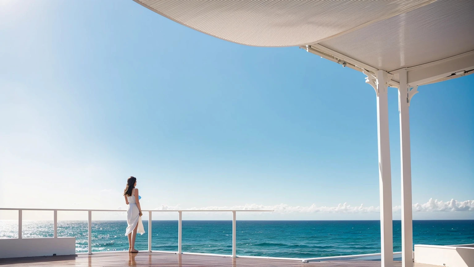there is a woman standing on a deck Overlooking the sea, Awnings, Canopies, looking at the ocean, Next to it is the reflected ocean, Overlooking the sea, In the seaside environment, Award-winning shadows, The award-winning", Close to the sea, Award-winning masterpiece, Sea view, Looking to the horizon, looking at the ocean