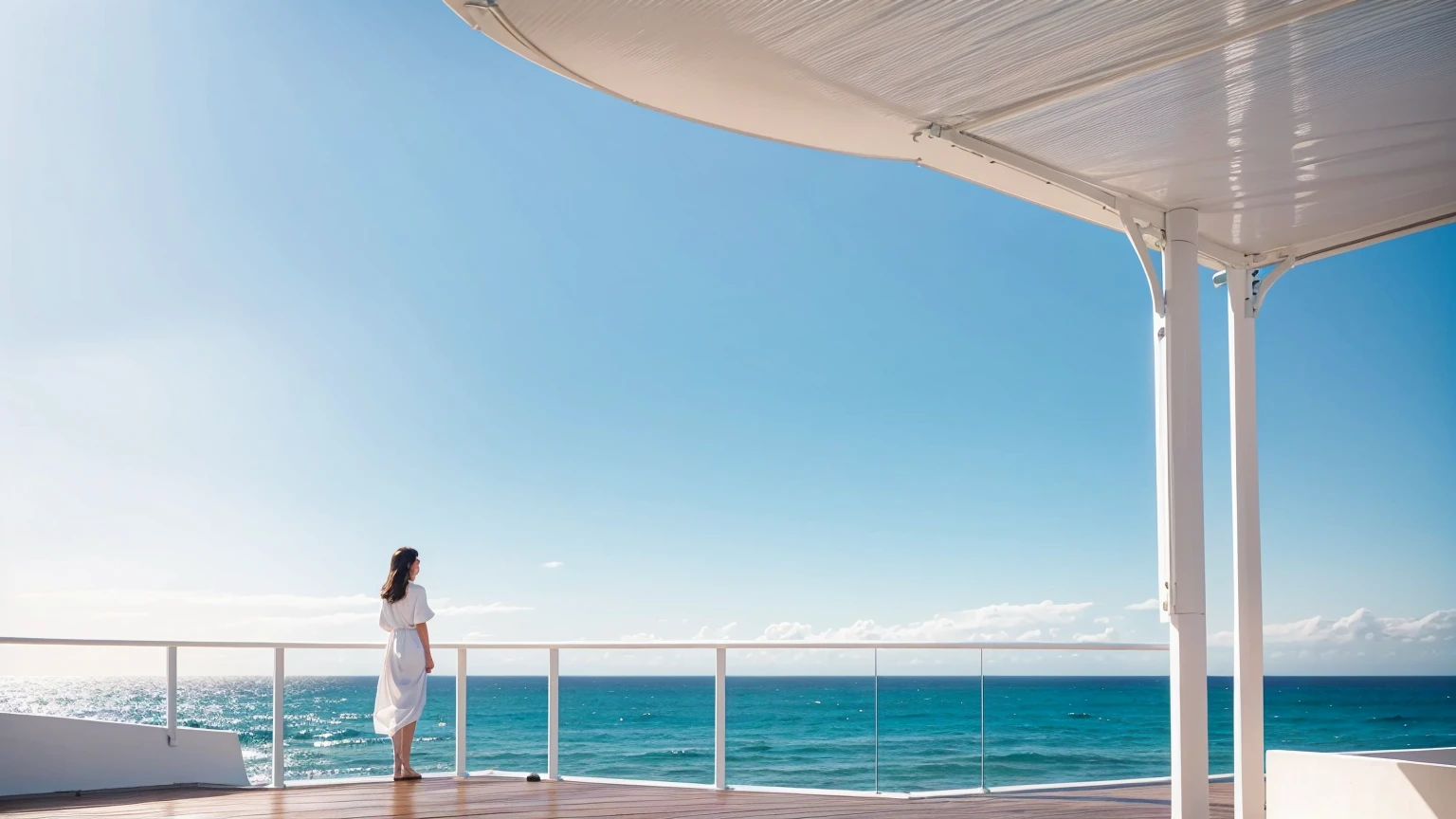 there is a woman standing on a deck Overlooking the sea, Awnings, Canopies, looking at the ocean, Next to it is the reflected ocean, Overlooking the sea, In the seaside environment, Award-winning shadows, The award-winning&quot;, Close to the sea, Award-winning masterpiece, Sea view, Looking to the horizon, looking at the ocean