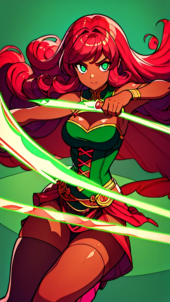 1girl, dark pink hair (short) (curly), brown skin color, green eyes (glowing), wearing corset (red), dress (jade green) (slit), jade green boots, green aura around body, light pink knife, wind blowing, absurdres, high res, ultra sharp, 8k, masterpiece, looking at viewer