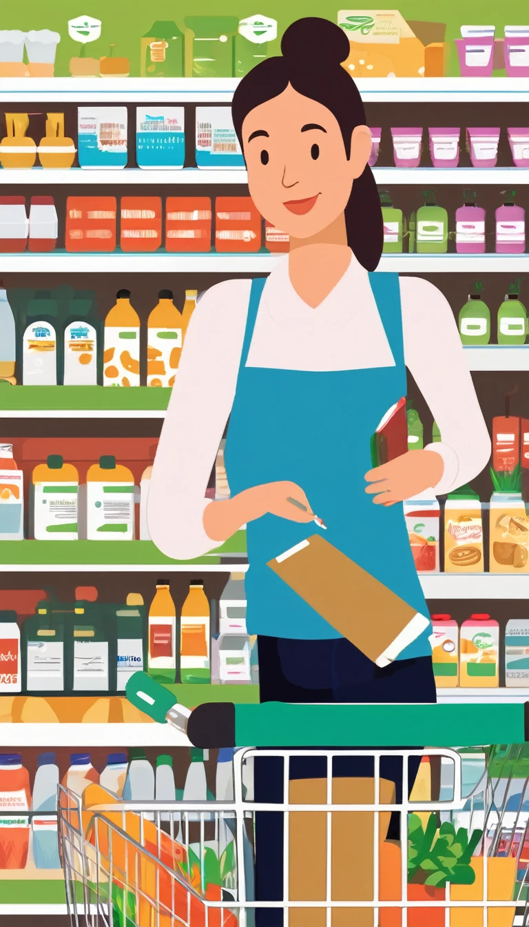 The image shows a person in a busy supermarket, with a shopping cart full of essentials. She holds a detailed shopping list, highlighting the importance of advance planning to save time and money. The person is concentrated, comparing prices and checking products on the shelves, demonstrating conscious consumption behavior and financial savings in the shopping environment.