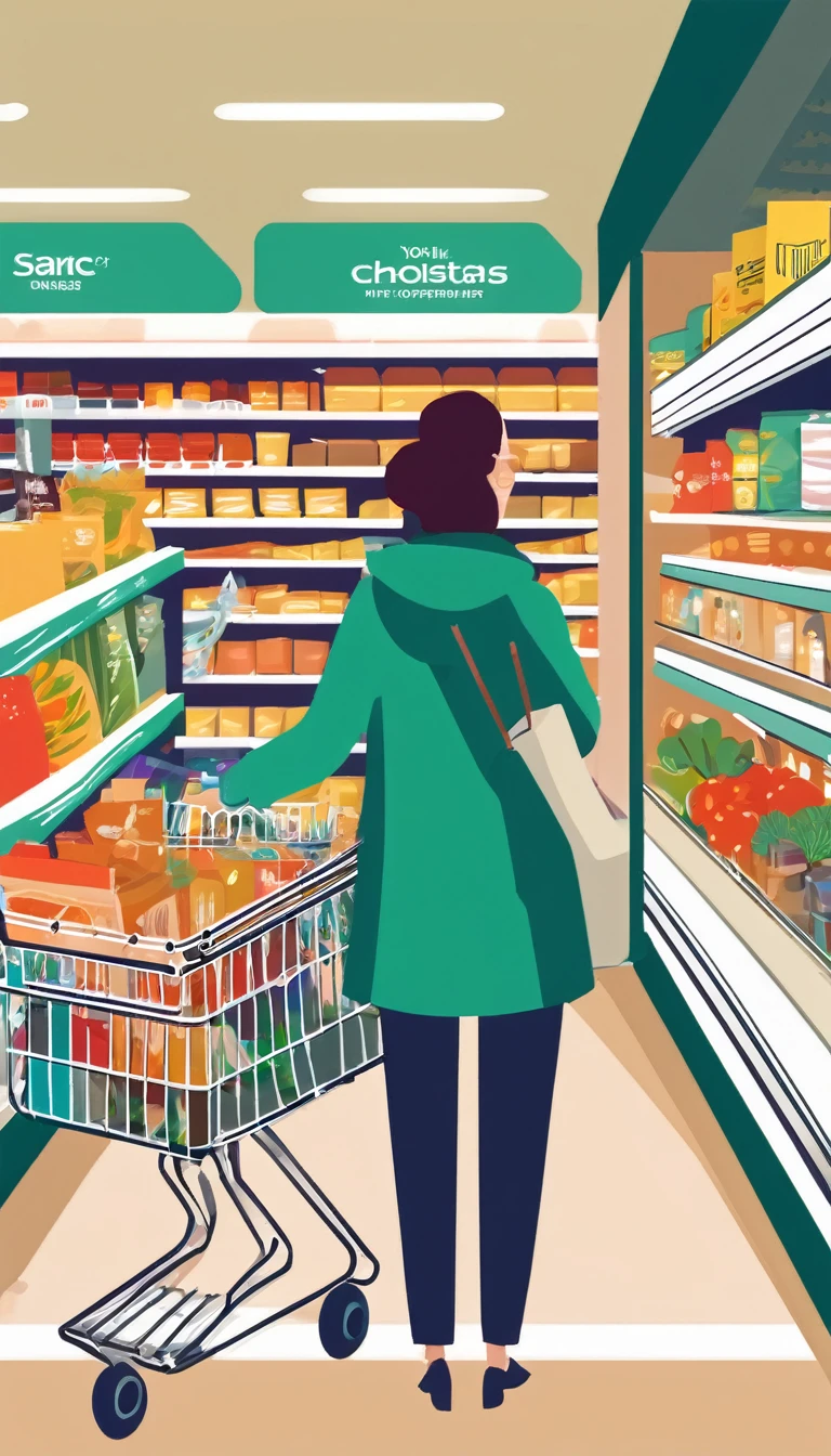 The image shows a person in a busy supermarket, with a shopping cart full of essentials. She holds a detailed shopping list, highlighting the importance of advance planning to save time and money. The person is concentrated, comparing prices and checking products on the shelves, demonstrating conscious consumption behavior and financial savings in the shopping environment.