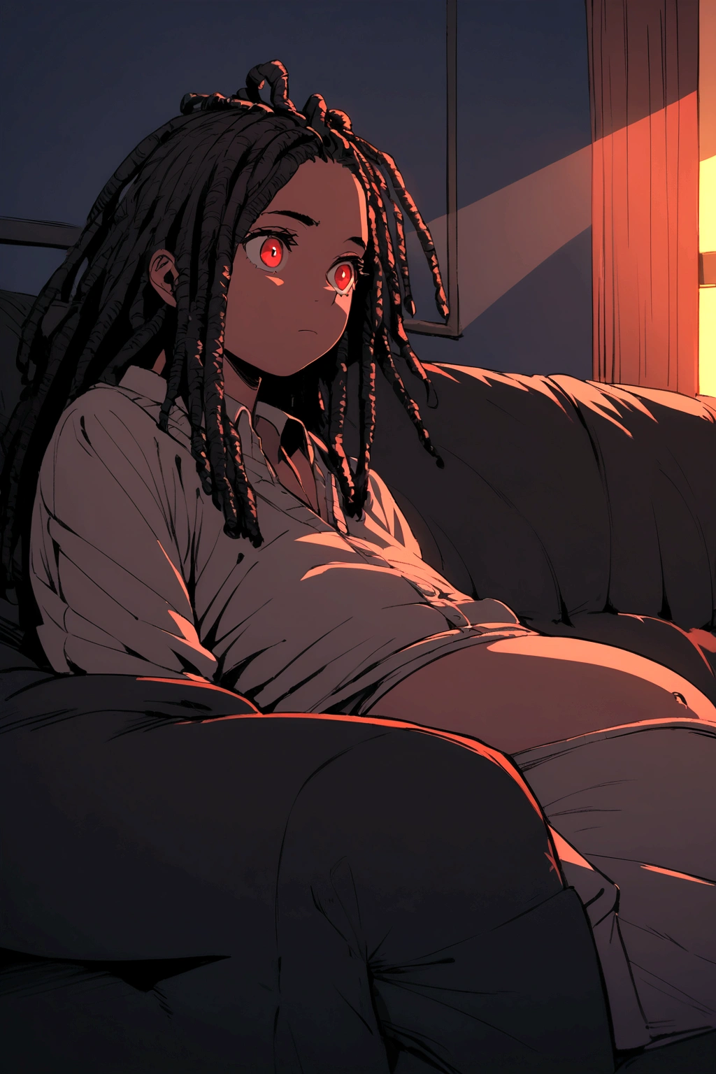 Boy with dreadlocked hair and red eyes, sitting on a couch while watching TV with a  pregnant belly