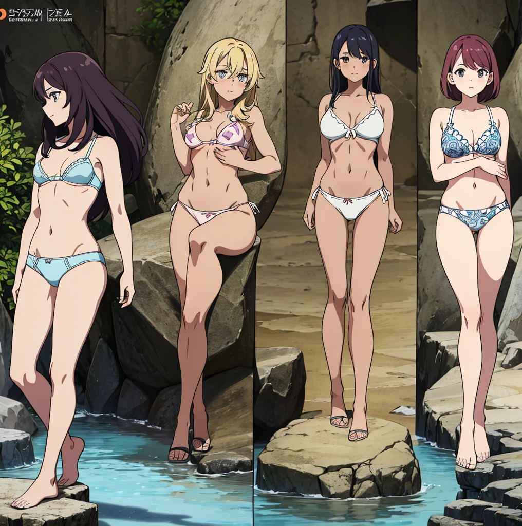 a girl crouches on a rock near the water in front of her navel flat chest, the back view of a lady in tight panties on her phone device and showing off her back, four pictures with different expressions in the same drawing style each shows one woman and two other girls, a few cartoon images of the same female character that i'm not sure what this is, a young girl touching her stomach and her breasts, a collection of sketches of several women, two pages show a woman in underwear next to another girl wearing a thongy panties