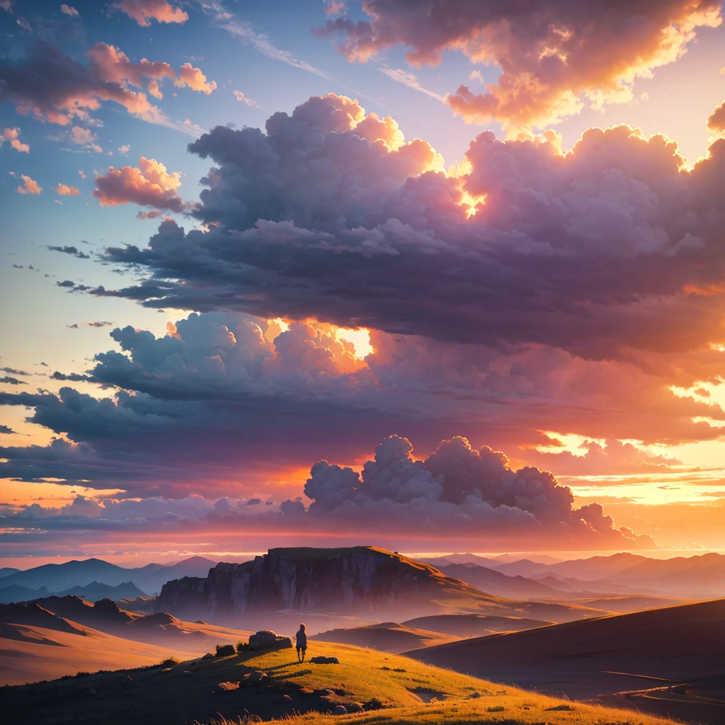 a beautiful sky, dramatic clouds, sunset, idyllic landscape, serene scenery, cinematic lighting, vibrant colors, sun rays, glowing horizon, atmospheric, photorealistic, highly detailed, 8k, masterpiece