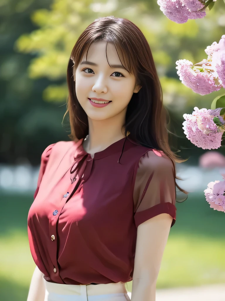 1 Girl, (Wearing a red transparent short-sleeved blouse:1.2), Beautiful Japanese actresses, (RAW Photos, Highest quality), (Realistic, Photorealistic:1.4), masterpiece, Very delicate and beautiful, Very detailed, 2k wallpaper, wonderful, finely, Very detailed CG Unity 8K 壁紙, Very detailedな, High resolution, Soft Light, Beautiful detailed girl, Very detailed目と顔, Beautiful and detailed nose, Beautiful and detailed, Cinema Lighting, BREAK, (1 with a park full of vibrant flowers in the background.3), Spring sunlight, Perfect Anatomy, Slender body, smile, Face the front completely, (Looking at the camera), West Shot, Accentuate larger breasts, Bodies facing random directions,