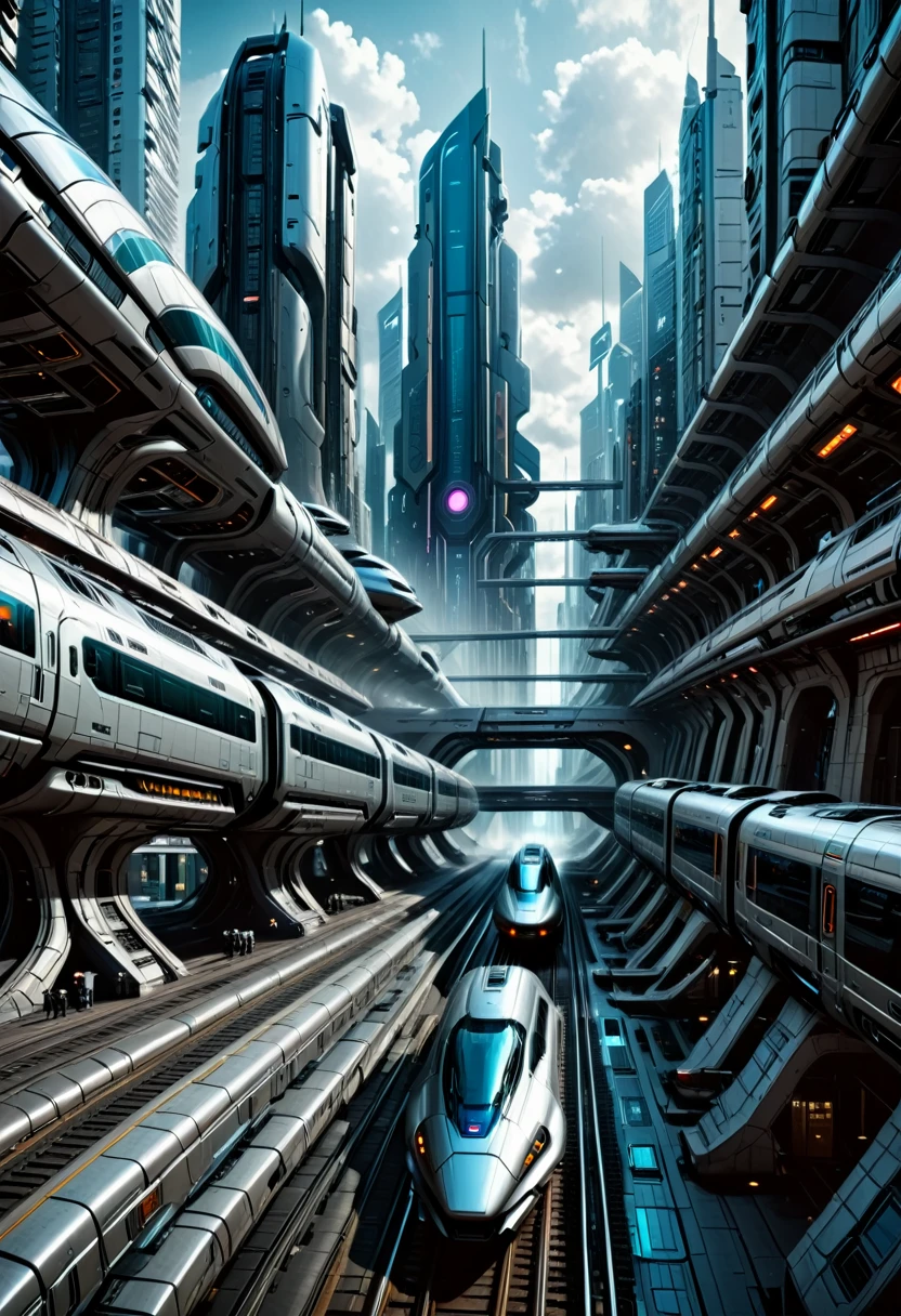 Image of the center of an ultra futuristic city with a train passing between modern buildings. cyberpunk style, Science fiction 