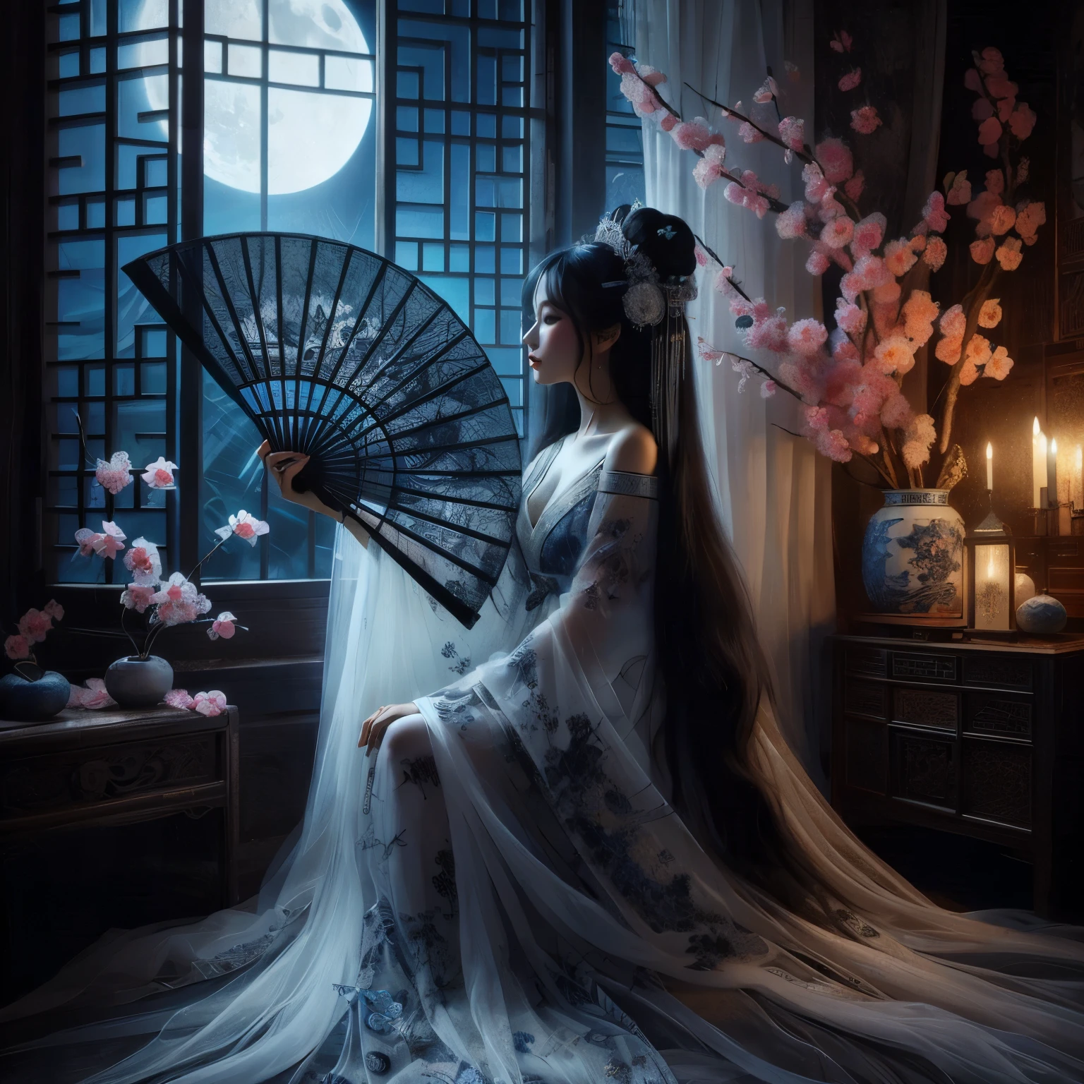 An ultra beautiful Asian woman long blue-black hair, holding a very ultra ornate long black ancient liquored Asian fighting fan, wearing a long white cherry blossom Chinese womans dressing gown, in a darkened room of moonlight streak in through the opened balcony window, Chinese garden, night sky, black ink, in the style of Caravaggio, Fan Zhongzheng, and Da Vinci, 8k resolution, hyperdetailed, photorealistic, an oil painting art style, Sfumato, Masterpiece, fox eyes, LAassunity