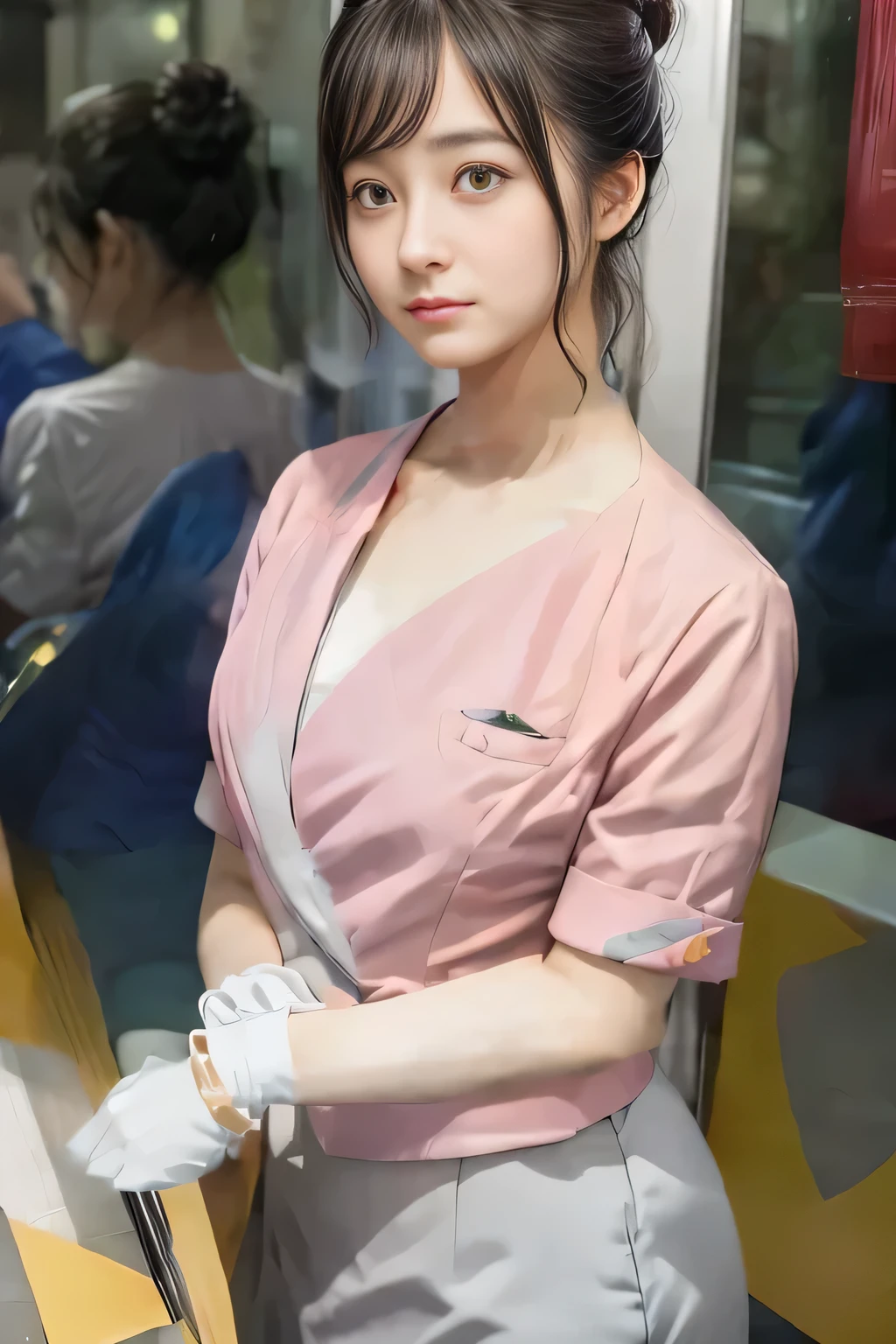 (masterpiece:1.2, Highest quality:1.2), 32k HDR, High resolution, (alone、1 girl)、(On the rooftop of a building in the daytime、Professional Lighting)、Building rooftop background、(Nankai train crew uniform pinkを着たリアルスタイル)、(Nankai train crew uniform pink short sleeve collarless pink jacket、Nankai Train Crew Uniform Pink Collarless Short Sleeve Blouse、Nankai Train Crew Uniform Pink Grey Knee-length Culottes)、((The bottom of the pink short-sleeved jacket cannot be tucked into the clay-colored culottes.))、Dark brown hair、(Hair tied up、Hair Bun、Hair Bun)、Dark brown hair、Long Shot、Big Breasts、Thin legs、((Great hands:2.0)),((Harmonious body proportions:1.5)),((Normal limbs:2.0)),((Normal finger:2.0)),((Delicate eyes:2.0)),((Normal eyes:2.0)))、(Nankai Train Crew Uniform Pink Grey Knee-length Culottesを見せた美しい立ち姿)、smile