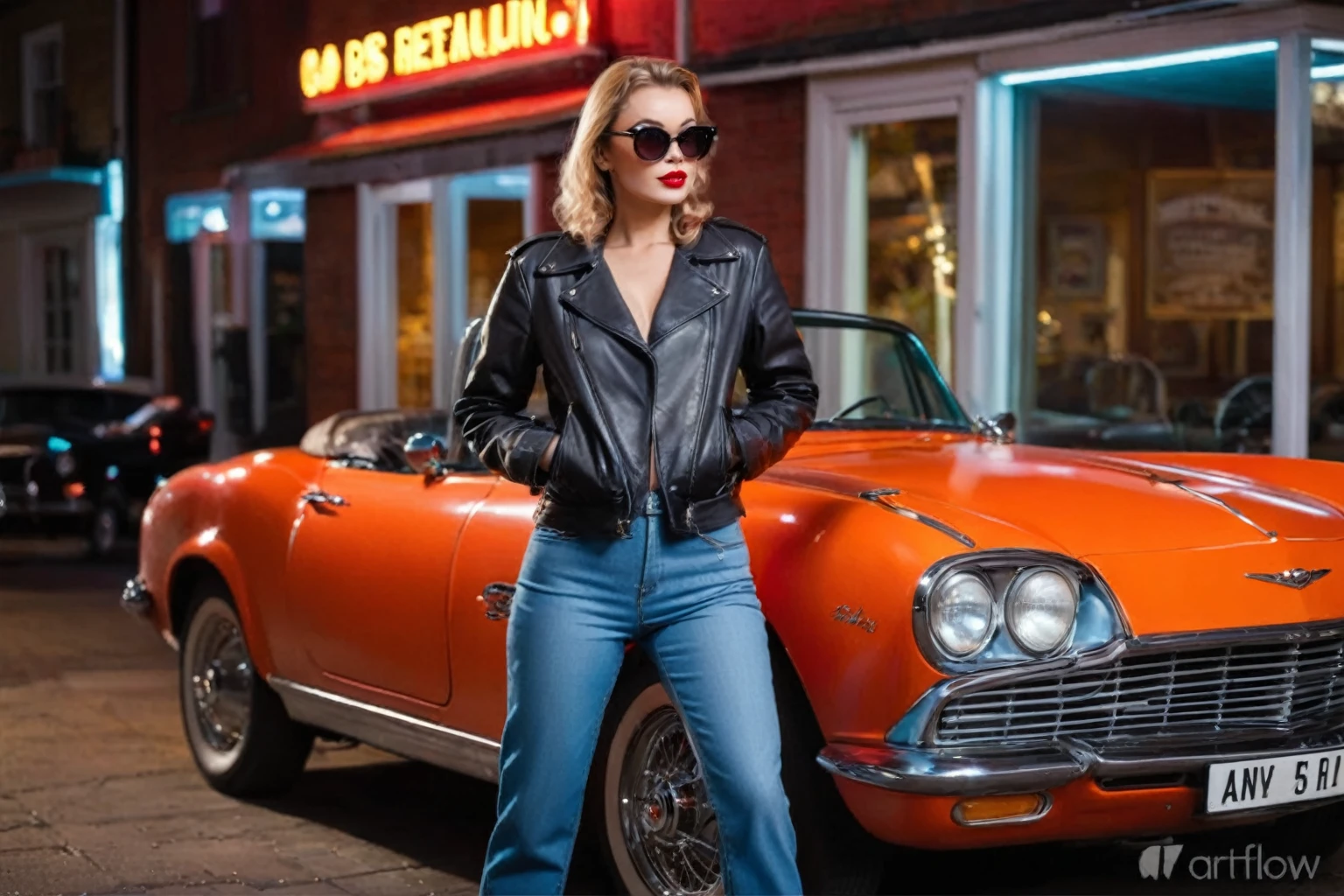 (erotic photo)(Woman,attractive), (with lingerie), leaning on a classic car in front of a restaurant, in an old 1950s , 50s vibes,