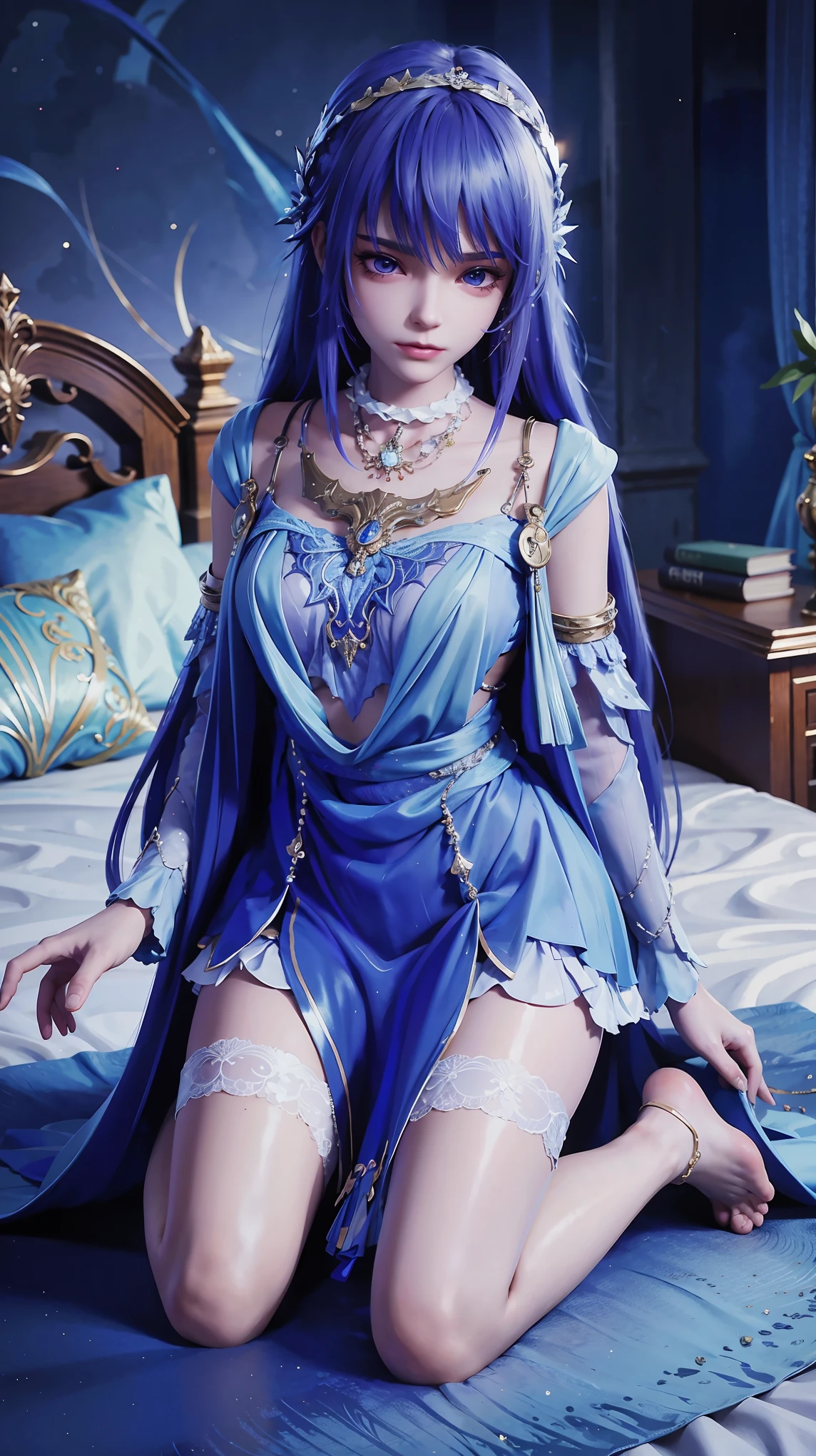best quality,masterpiece,The Ultimate Solution,Fluffy,Extremely colorful,Mature beautiful woman,(Dress school uniform),Lace skirt,(Beautiful woman beheaded),Normal posture,(Kneeling),Kneeling on the bed,shackles,Beheading,collar,White stockings ,barefoot,Normal posture