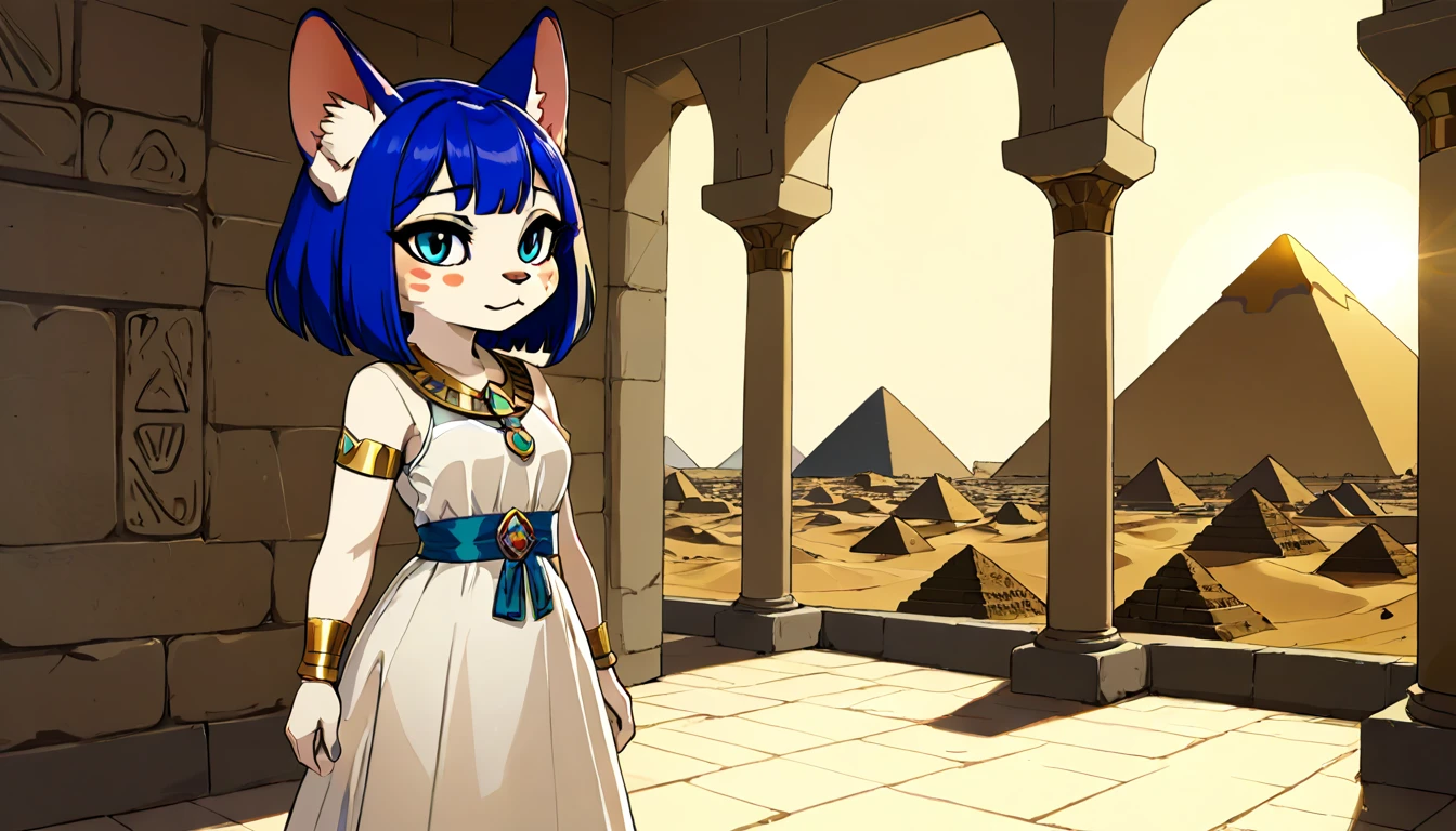1girl,Artist Name,Egyptian cat,Blue Hair,skin,Keep your mouth shut,Wear,whole body,solo,Standing,猫Tail,Keep your mouth shut,Wear,Looking at the audience,Animal Crossing Furry, Blue Hair, Hair accessories, 黄skin, black eyes, White Dress, Tail, Egyptian Pyramids,mummy,Sunlight,sunny,(masterpiece), ((best quality), Detailed background, masterpiece, best quality, high quality, absurd, The award-winning, professional, Very detailed
