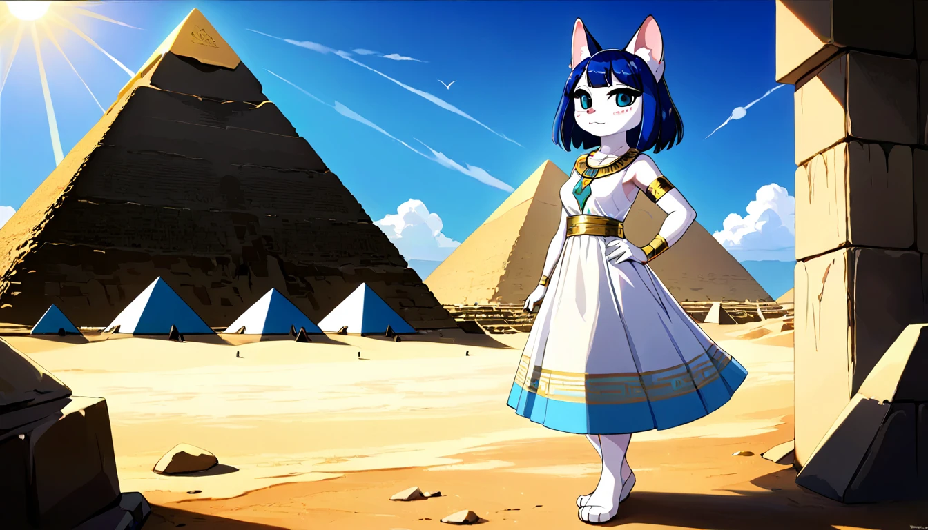 1girl,Artist Name,Egyptian cat,Blue Hair,skin,Keep your mouth shut,Wear,whole body,solo,Standing,猫Tail,Keep your mouth shut,Wear,Looking at the audience,Animal Crossing Furry, Blue Hair, Hair accessories, 黄skin, black eyes, White Dress, Tail, Egyptian Pyramids,mummy,Sunlight,sunny,(masterpiece), ((best quality), Detailed background, masterpiece, best quality, high quality, absurd, The award-winning, professional, Very detailed