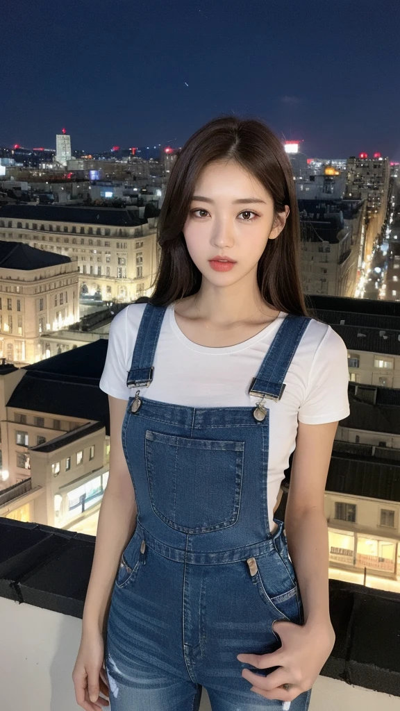 ((midnight, best quality, 8K, masterpiece :1.3)), whole body, Long legs, Clear focus :1.2, Beautiful woman with perfect body :1.4, Slim abdominal muscles :1.1, ((Dark brown hair, Large Breasts :1.2)), (White Tight Tee, Overalls Jeans, permanent:1.2), ((City night scene, roof:1.3)), Highly detailed face and skin textures, Delicate eyes, Double eyelids