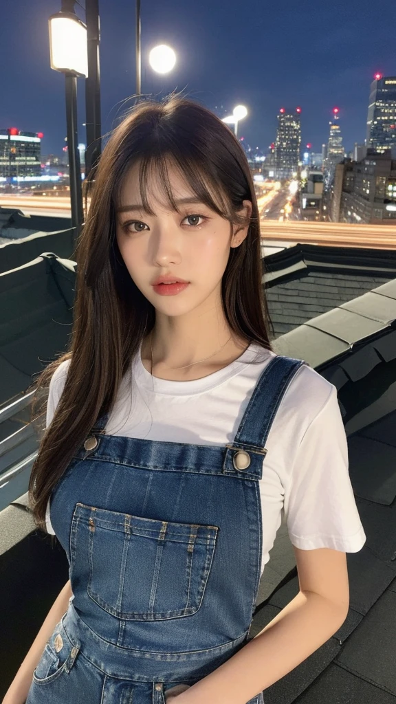 ((midnight, best quality, 8K, masterpiece :1.3)), whole body, Long legs, Clear focus :1.2, Beautiful woman with perfect body :1.4, Slim abdominal muscles :1.1, ((Dark brown hair, Large Breasts :1.2)), (White Tight Tee, Overalls Jeans, permanent:1.2), ((City night scene, roof:1.3)), Highly detailed face and skin textures, Delicate eyes, Double eyelids