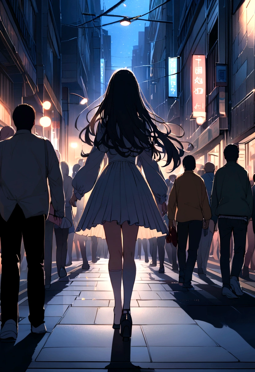 At night, The light is on, Street, transportation, crowd, A girl with long hair is walking alone