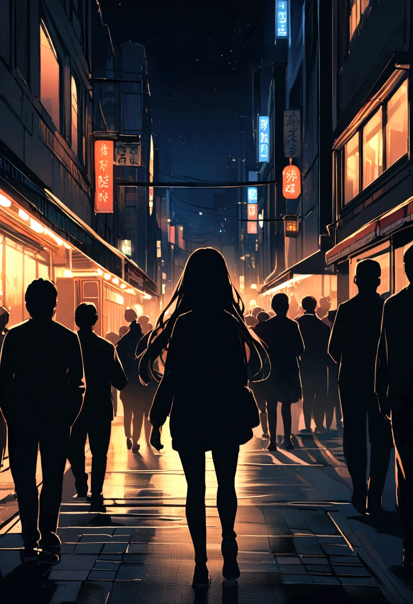 At night, The light is on, Street, transportation, crowd, A girl with long hair is walking alone