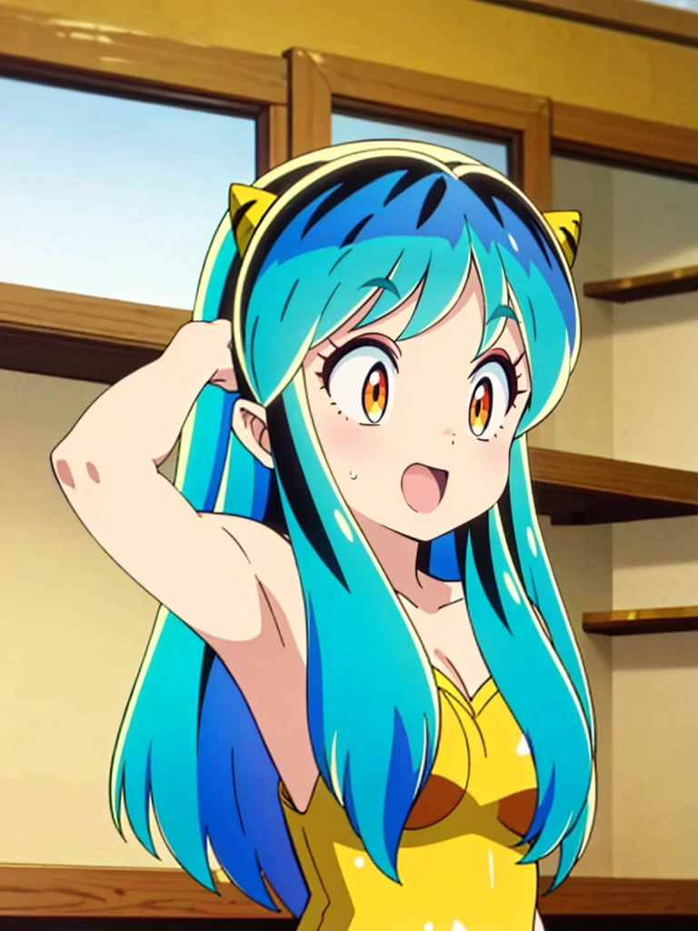 masterpiece, Highest quality, 1 Girl, Lum, anime, Charm, 18-year-old, sexy, blush, Enchanted, Shrug, Squint your eyes and laugh、 High definition