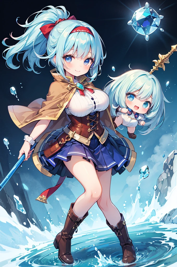 Fantasy,((Masterpiece)),((high resolution)),((Best Quality)),Anime illustration,((1girl)),(wavy hair),(short hair),(pale blue hair color),small ponytail,headband,Indigo eyes,(Big round eyes),((tareme)),12 years old,((baby face)),(((very big breasts))),Short stature,Young,(loli),,ice wizard,sleeveless white blouse,Blue mini skirt,slit,Brown corset,brown capelet,smile,,Brown long boots,wizard's wand with blue gem,