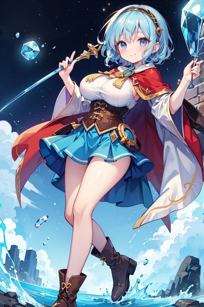 Fantasy,((Masterpiece)),((high resolution)),((Best Quality)),Anime illustration,((1girl)),(wavy hair),(short hair),(pale blue hair color),small ponytail,headband,Indigo eyes,(Big round eyes),((tareme)),,((baby face)),ig breasts))),Short stature,Young,(loli),,ice wizard,sleeless white blouse,Blue mini skirt,slit,Brown corset,brown capelet,smile,,Brown long boots,wizard's wand with blue gem,