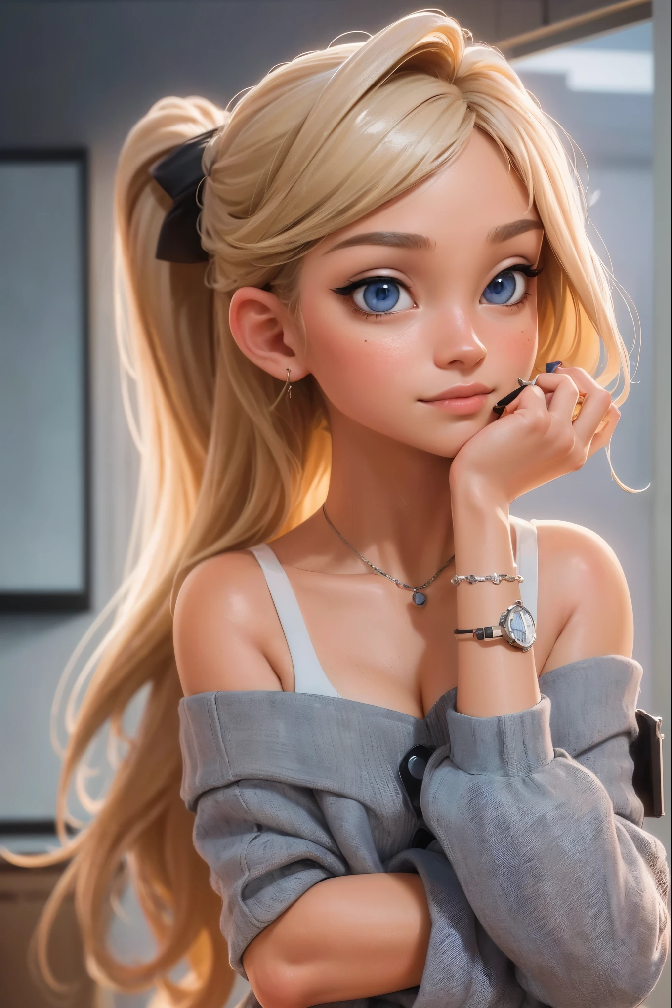(masterpiece, best quality, ultra-detailed, highres, 4k),(beautiful detailed eyes),(very detailed face),(1girl),HDR,long hair, blue eyes, blonde hair, bracelet, sports bra, jewelry, watch, lips, solo focus, nail polish, ponytail, blurry background, smirk, wristwatch, realistic ,nude
