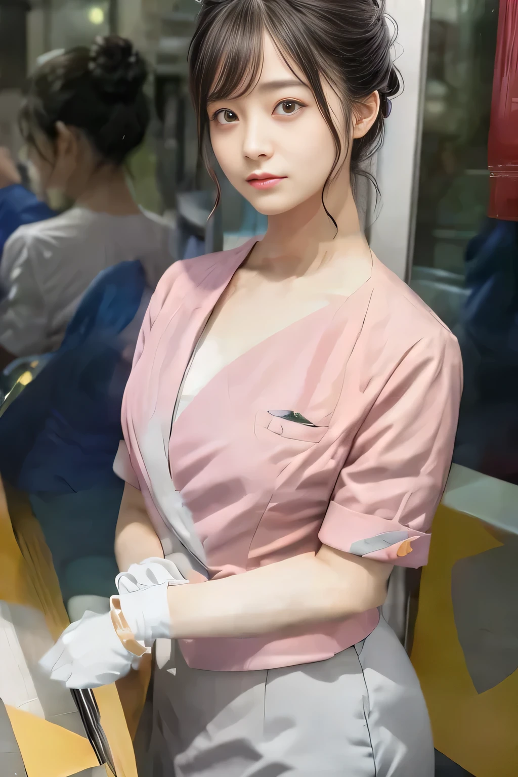 (masterpiece:1.2, Highest quality:1.2), 32k HDR, High resolution, (alone、1 girl)、(On the rooftop of a building in the daytime、Professional Lighting)、Building rooftop background、(Nankai train crew uniform pinkを着たリアルスタイル)、(Nankai train crew uniform pink short sleeve collarless pink jacket、Nankai Train Crew Uniform Pink Collarless Short Sleeve Blouse、Nankai Train Crew Uniform Pink Grey Knee-length Culottes)、((The bottom of the pink short-sleeved jacket cannot be tucked into the clay-colored culottes.))、Dark brown hair、(Hair tied up、Hair Bun、Hair Bun)、Dark brown hair、Long Shot、Big Breasts、Thin legs、((Great hands:2.0)),((Harmonious body proportions:1.5)),((Normal limbs:2.0)),((Normal finger:2.0)),((Delicate eyes:2.0)),((Normal eyes:2.0)))、(Nankai Train Crew Uniform Pink Grey Knee-length Culottesを見せた美しい立ち姿)、smile