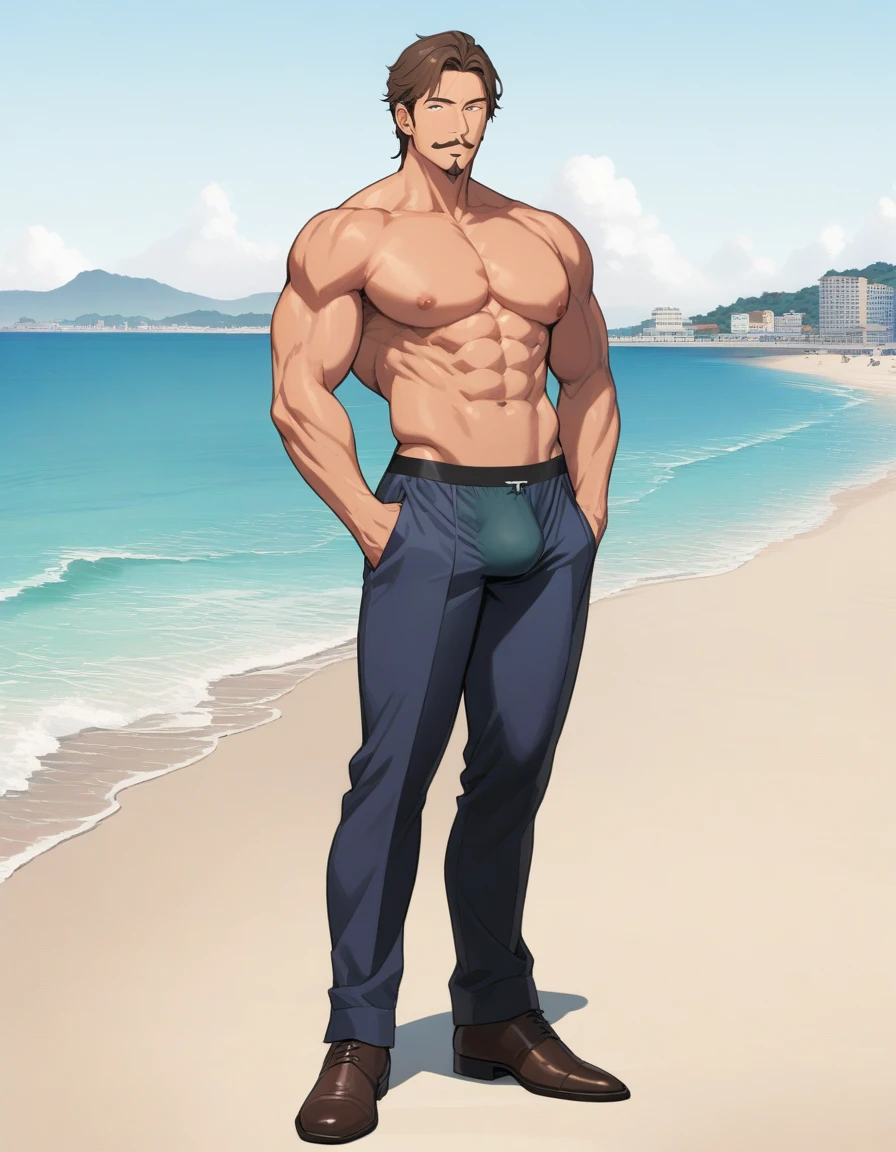 1man, mature male, parted bangs, medium-short hair, brown hair, muscular male celeb, short goatee, short mustache, indigo eyes, gentleman, elegant netori male, male high ratio body proportions, detailed face, Attractive, pheromonal, stocky waist, BREAK black swim bikini, topless, off shot, male nipples, abs, thigh, small bulge, fullbody, solo, looking side, soft smile, sexy posing, seaside, from side, animated color, in gentle sasaki style, visual novel, 2010s, extreme all detailed, masterpiece, best quality