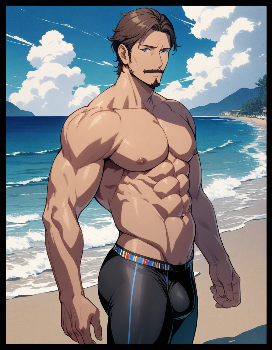 1man, mature male, parted bangs, medium-short hair, brown hair, muscular male celeb, short goatee, short mustache, indigo eyes, gentleman, elegant netori male, male high ratio body proportions, detailed face, Attractive, pheromonal, stocky waist, BREAK black swim bikini, topless, off shot, male nipples, abs, thigh, small bulge, fullbody, solo, looking side, soft smile, sexy posing, seaside, from side, animated color, in gentle sasaki style, visual novel, 2010s, extreme all detailed, masterpiece, best quality