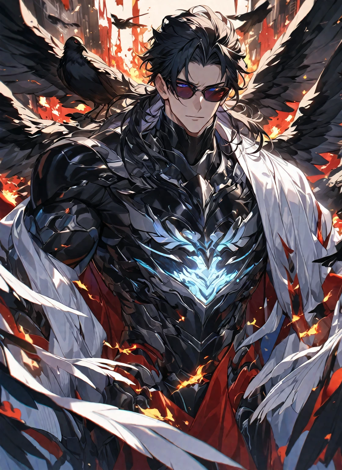 Best quality, One, handsome, 1 man, tall man, with a sporty body, V-shaped body, wide shoulders, black detailed armor with glowing white details, 10 black bird wings, long hair, Black hair covered with Fire Coals, neon snow eyes(white), on the background Black fire with shades of red, white threads