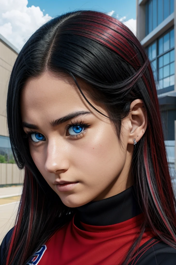 My Hero Academia Capture. A girl, long black hair with red highlights, a nose piercing, neck tattoos, sky blue eyes, He wears the UA uniform. 