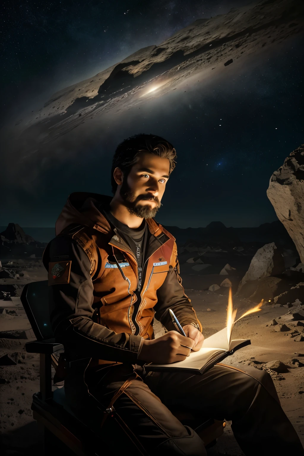 Draw a young programmer, sitting on a research platform floating in the middle of an asteroid belt. He is studying with a notebook, surrounded by several asteroids glowing with fiery auras. Dramatic lighting from distant stars and planets illuminates the scene, casting deep shadows on the suit. The young man looks confident and determined, looking at the vast and mysterious universe with wonder and respect,facial hair, cowboy shot,