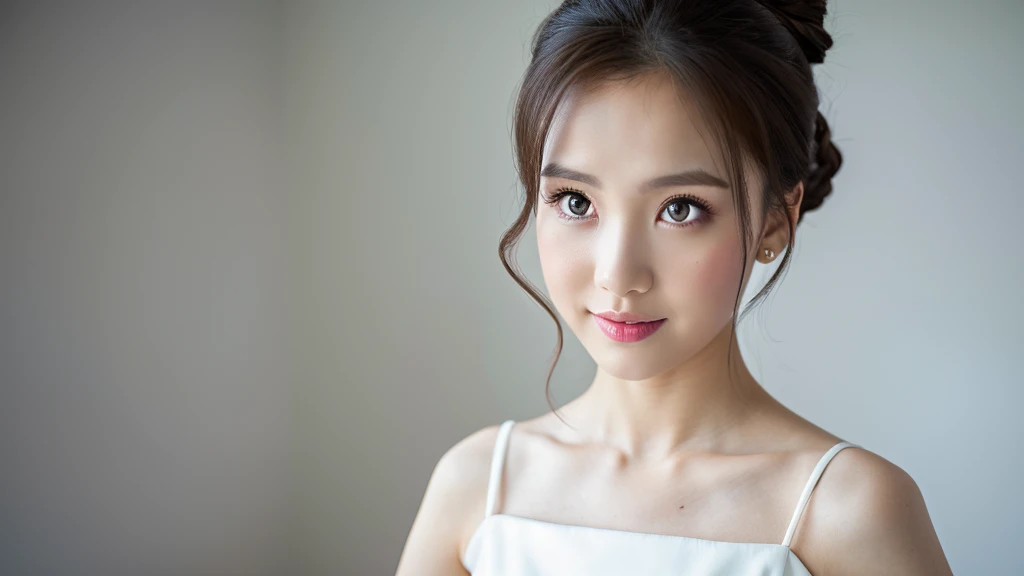 Woman and white room,(Detailed face),vivid,chest,cute,White royal dress,4K,Ultra-high resolution,(Photorealistic:1.7)Gray background,
