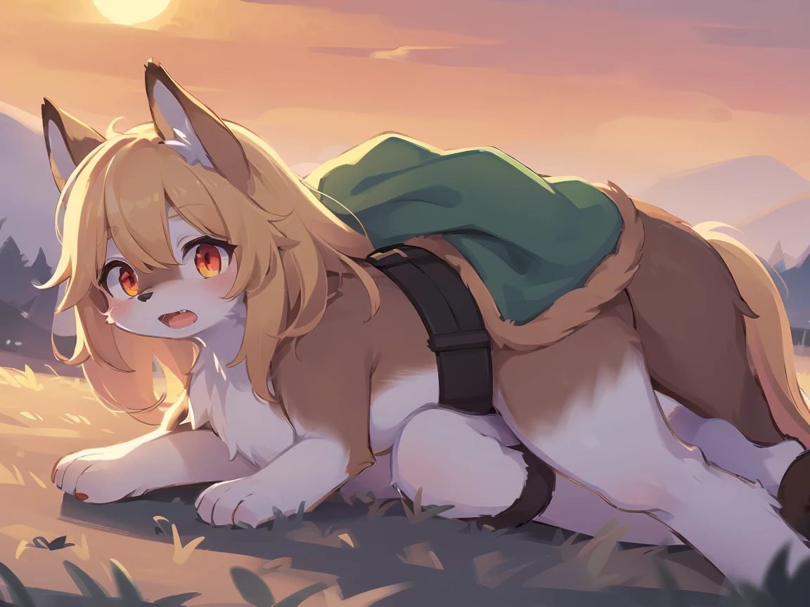 the fox, , was hairy, shaggy, skin fur, smooth lashes, golden fur, forelimb hands, straight long blonde hair, solid circle eyes, golden ears, golden fur, golden facial fur, shiny hair, red eyes, heart-shaped eyes, super cute face, 1fox tail, fluffy tail, furry tail, glowing eyes, green coat green hood down, brown trousers, riding young horse, open mouth, pain face, embarrassed, ambient light, ultra-fine fur, dashed eyes, full body, masterpiece, high quality, high-details, best quality, (((solo))), twilight, sun light, red sky, rim light