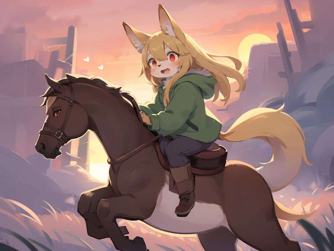the fox, , was hairy, shaggy, skin fur, smooth lashes, golden fur, forelimb hands, straight long blonde hair, solid circle eyes, golden ears, golden fur, golden facial fur, shiny hair, red eyes, heart-shaped eyes, super cute face, 1fox tail, fluffy tail, furry tail, glowing eyes, green coat green hood down, brown trousers, riding young horse, open mouth, pain face, embarrassed, ambient light, ultra-fine fur, dashed eyes, full body, masterpiece, high quality, high-details, best quality, (((solo))), twilight, sun light, red sky, rim light