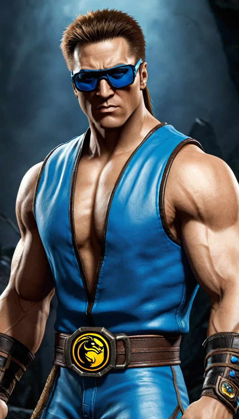 (Johnny Cage - Mortal Kombat), a muscular and athletic man, with brown hair and blue eyes. He often wears stylized combat gear., often with sunglasses and distinctive tattoos.