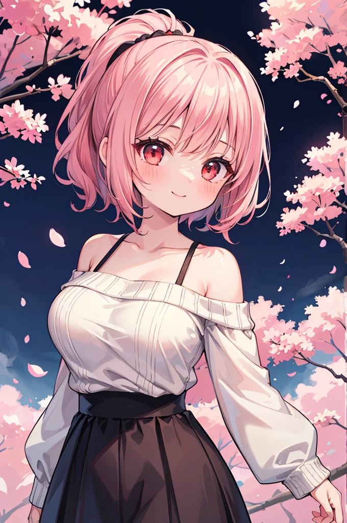 ((Masterpiece)),((high resolution)),((Best Quality)),Anime illustration,(((1girl))),,(wavy hair),(short hair),(pale pink hair color),small ponytail,Red eyes,(Big round eyes),((tareme)),15 years old,((loli face)),((very big breasts)),Short stature,,Off-the-shoulder sweater,(long maxi skirt),smile,Ladylike,cherry blossoms,