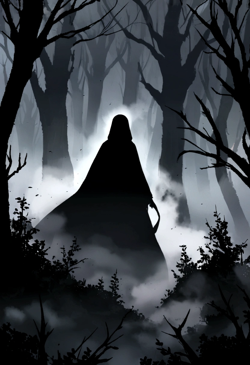 A terrifying silhouette lurking in a misty forest , shrouded in darkness and mysterious mist